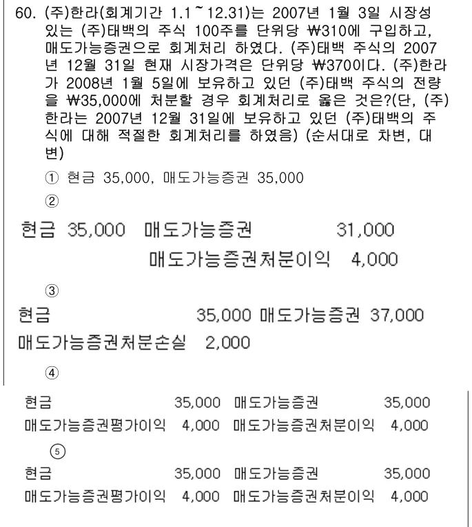 2008년 회계원리 60번 문제 (보기 포함 이미지)