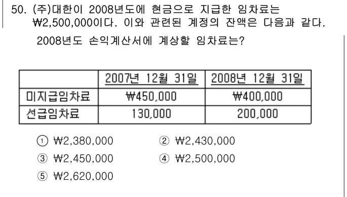 2009년 회계원리 50번 문제 (보기 포함 이미지)