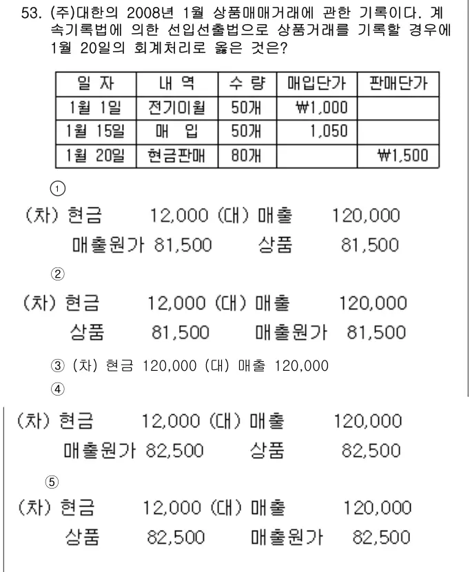 2009년 회계원리 53번 문제 (보기 포함 이미지)
