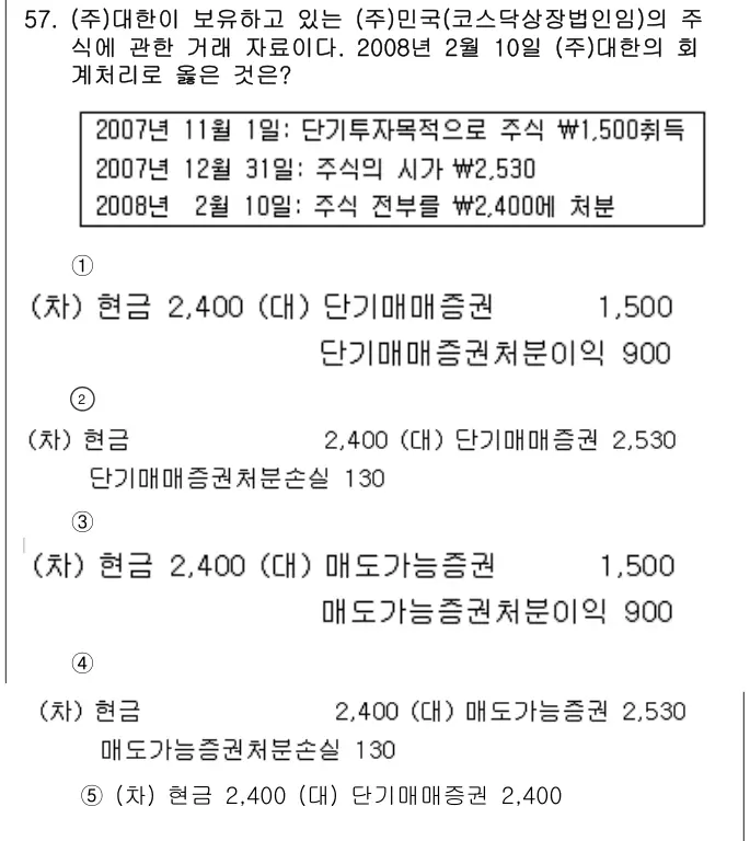 2009년 회계원리 57번 문제 (보기 포함 이미지)