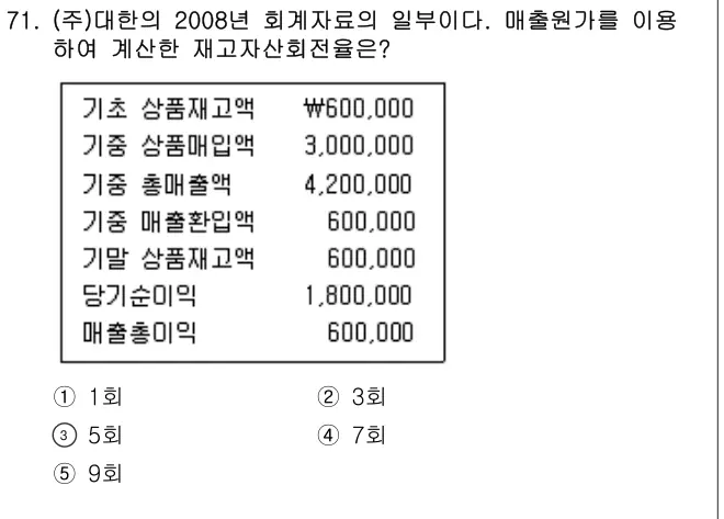2009년 회계원리 71번 문제 (보기 포함 이미지)