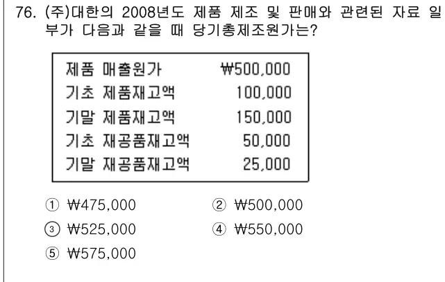 2009년 회계원리 76번 문제 (보기 포함 이미지)