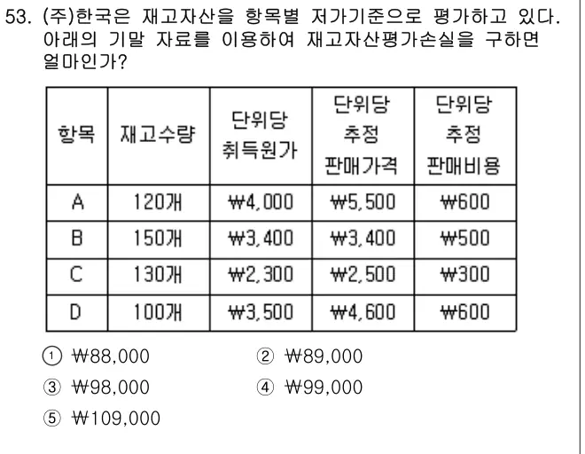 2010년 회계원리 53번 문제 (보기 포함 이미지)