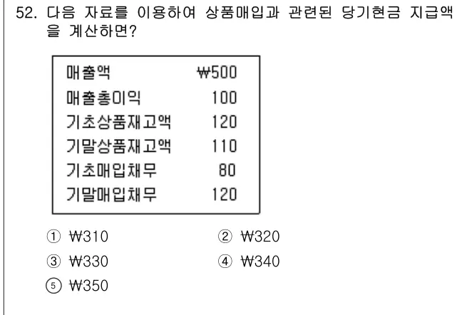 2011년 회계원리 52번 문제 (보기 포함 이미지)