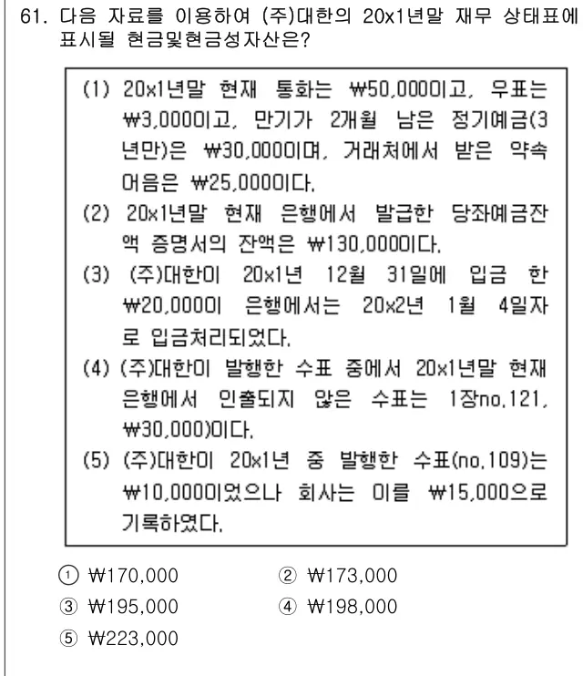 2011년 회계원리 61번 문제 (보기 포함 이미지)