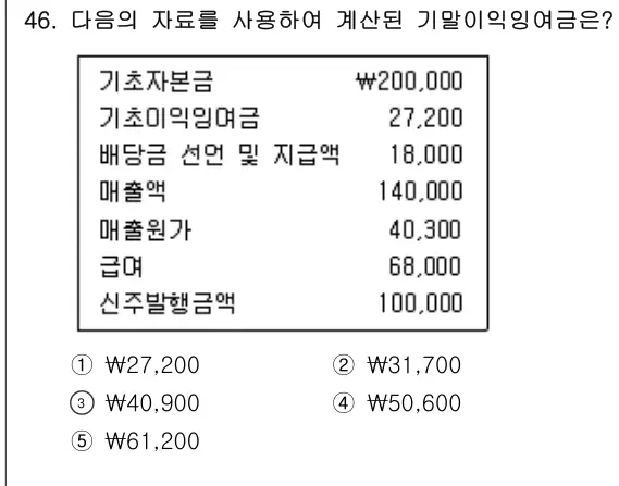 2012년 회계원리 46번 문제 (보기 포함 이미지)