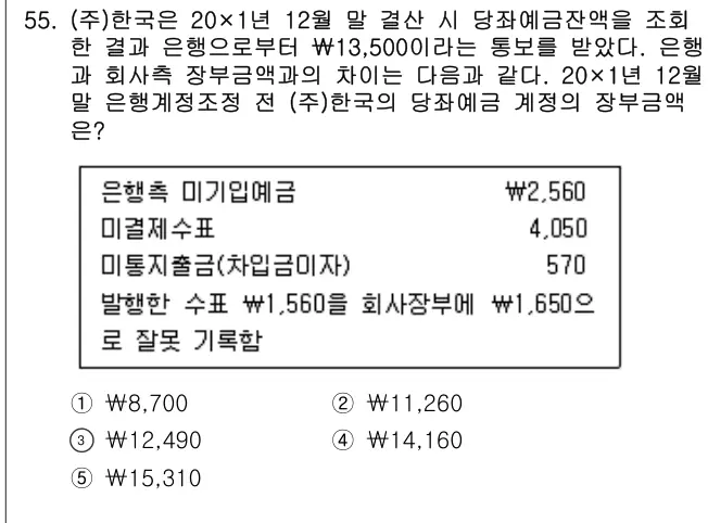 2013년 회계원리 55번 문제 (보기 포함 이미지)