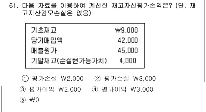 2013년 회계원리 61번 문제 (보기 포함 이미지)