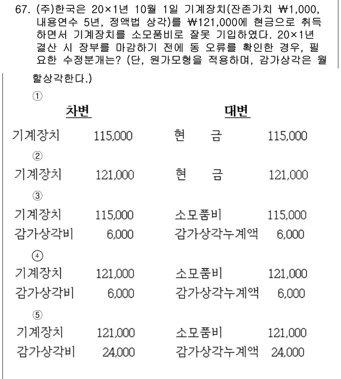 2018년 회계원리 67번 문제 (보기 포함 이미지)