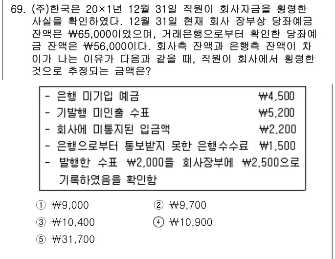 2019년 회계원리 69번 문제 (보기 포함 이미지)