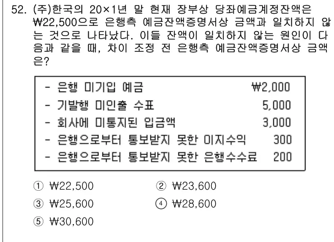 2020년 회계원리 52번 문제 (보기 포함 이미지)