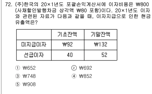 2020년 회계원리 72번 문제 (보기 포함 이미지)