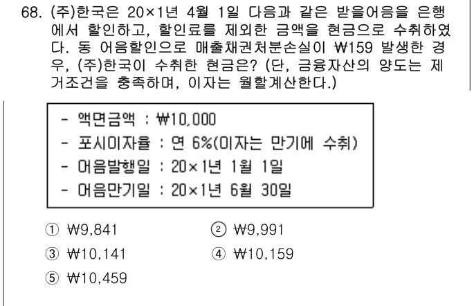 2021년 회계원리 68번 문제 (보기 포함 이미지)