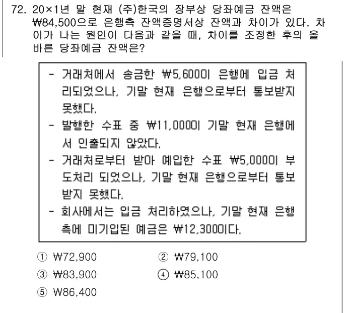 2021년 회계원리 72번 문제 (보기 포함 이미지)