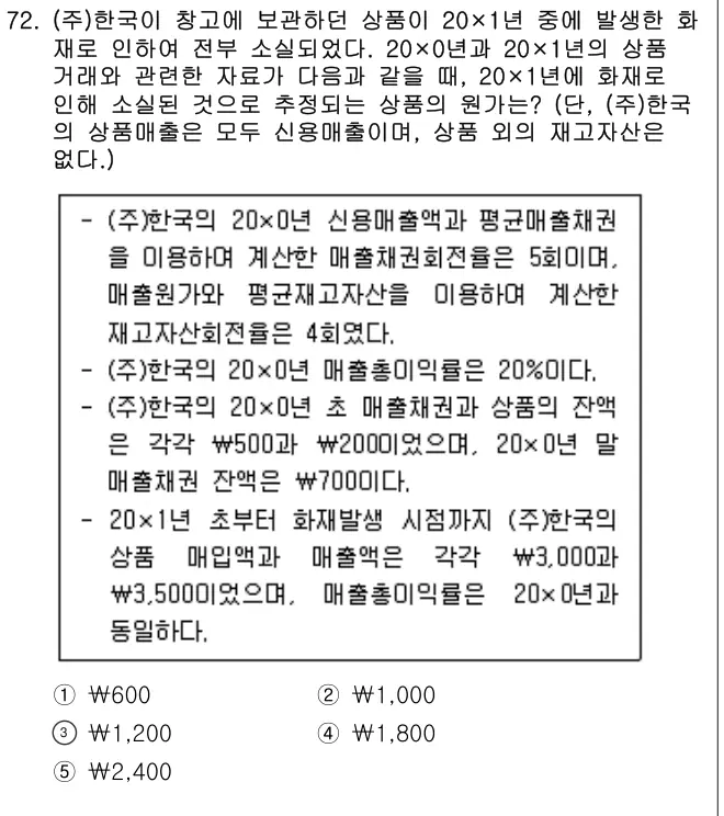 2022년 회계원리 72번 문제 (보기 포함 이미지)
