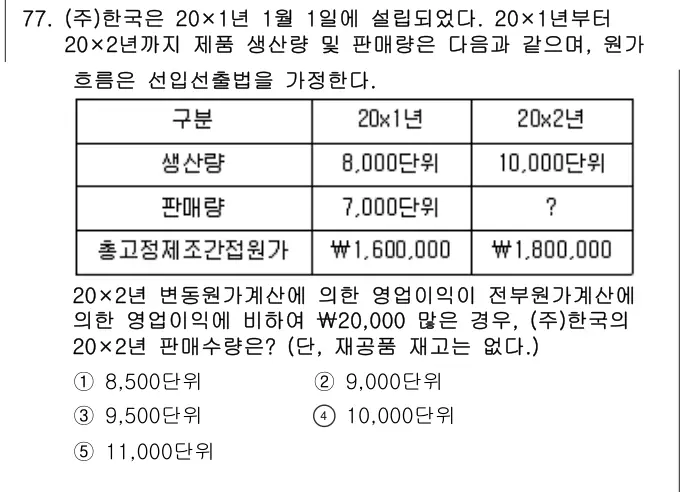 2022년 회계원리 77번 문제 (보기 포함 이미지)