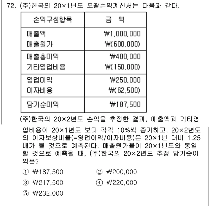 2023년 회계원리 72번 문제 (보기 포함 이미지)