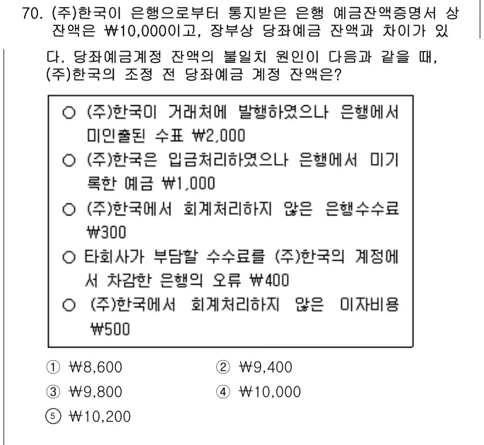 2024년 회계원리 70번 문제 (보기 포함 이미지)